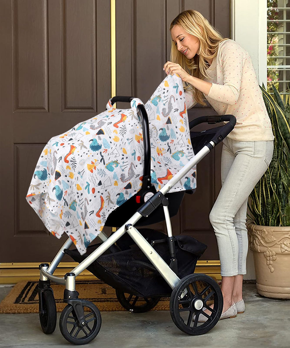 Metplus Muslin Carseat Cover sun-shield during stroller rides in warm weather.