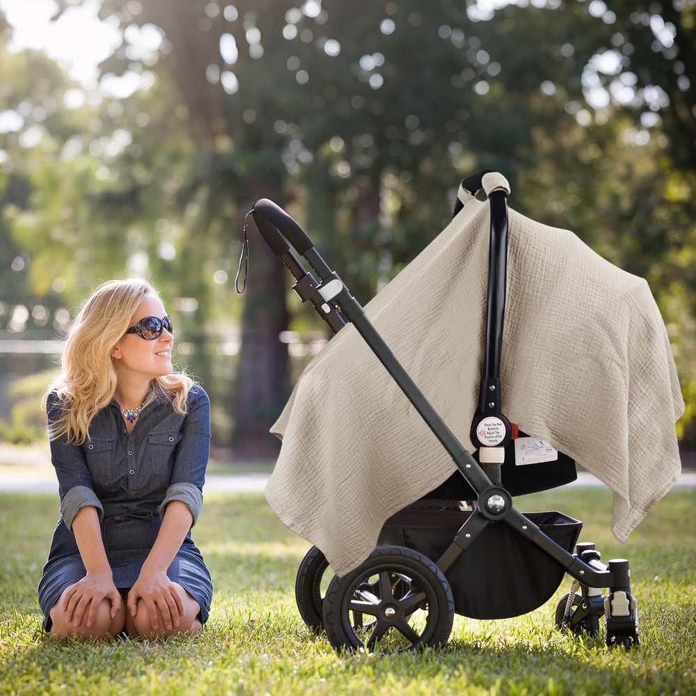 Metplus Muslin multi-use design acting as canopy and nursing cover