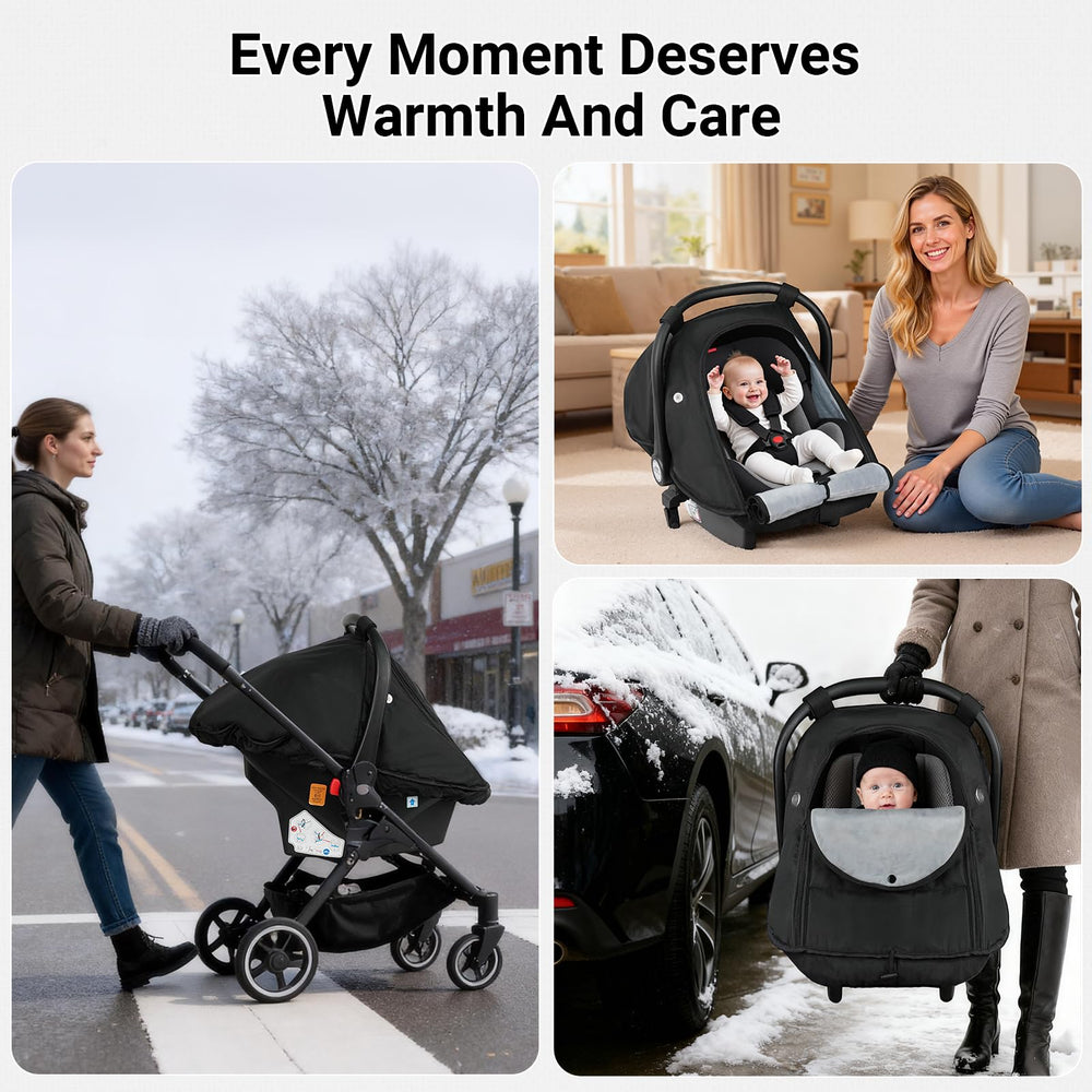 Metplus winter car seat cover supports stroller use during winter outings.