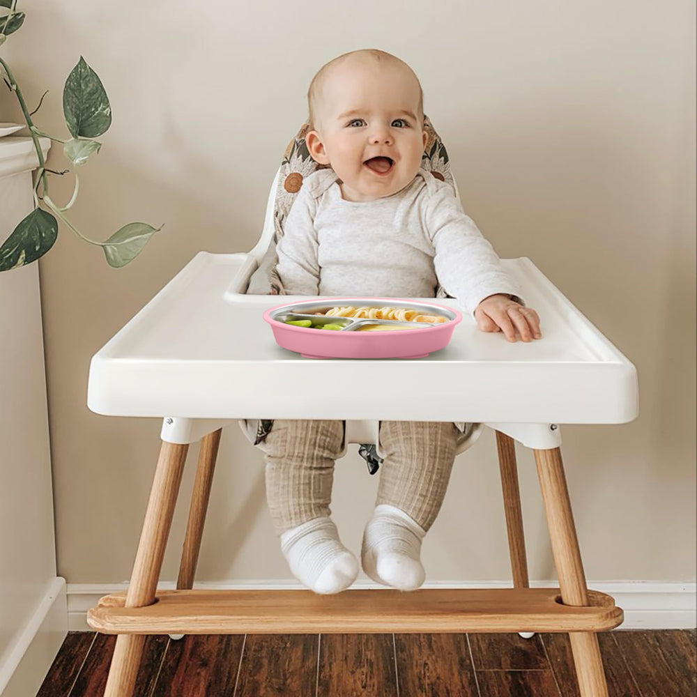 MEUIS suction toddler plates set kitchen-scene highlights non-toxic, eco-friendly materials
