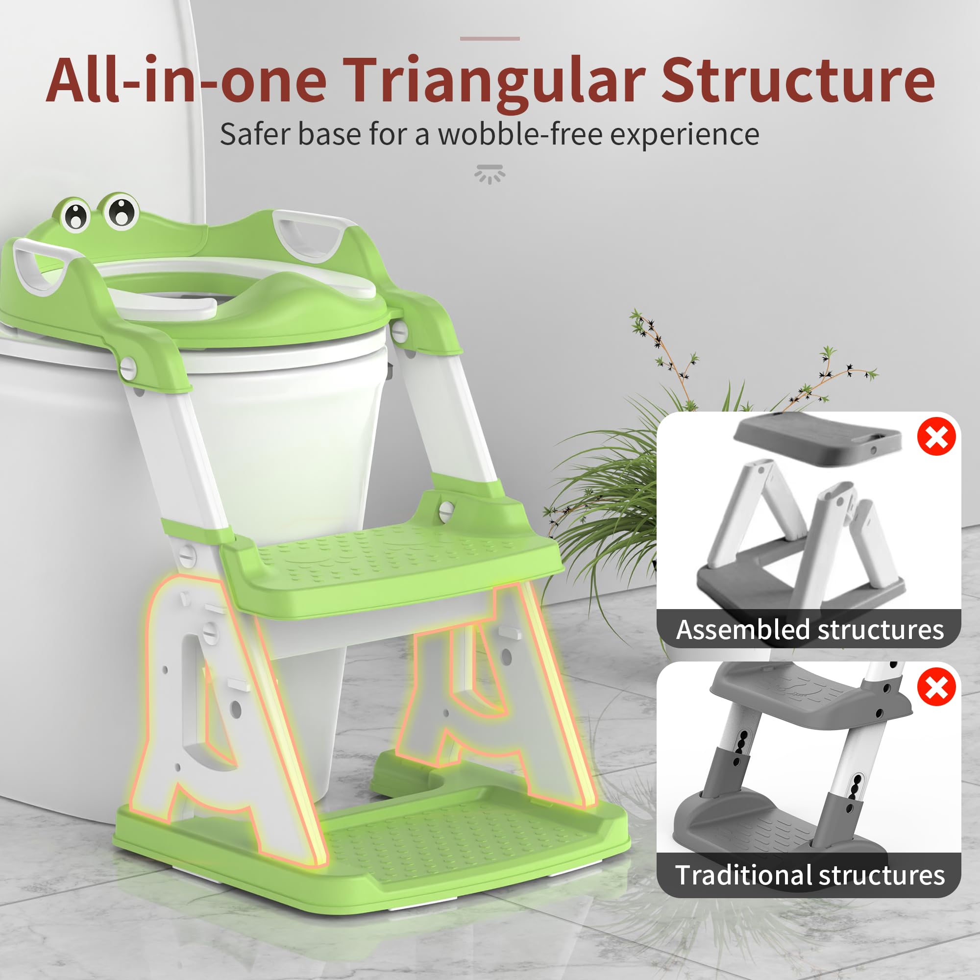 MeuLife potty training seat green folded-stool shows convenient two-step setup for quick height changes.