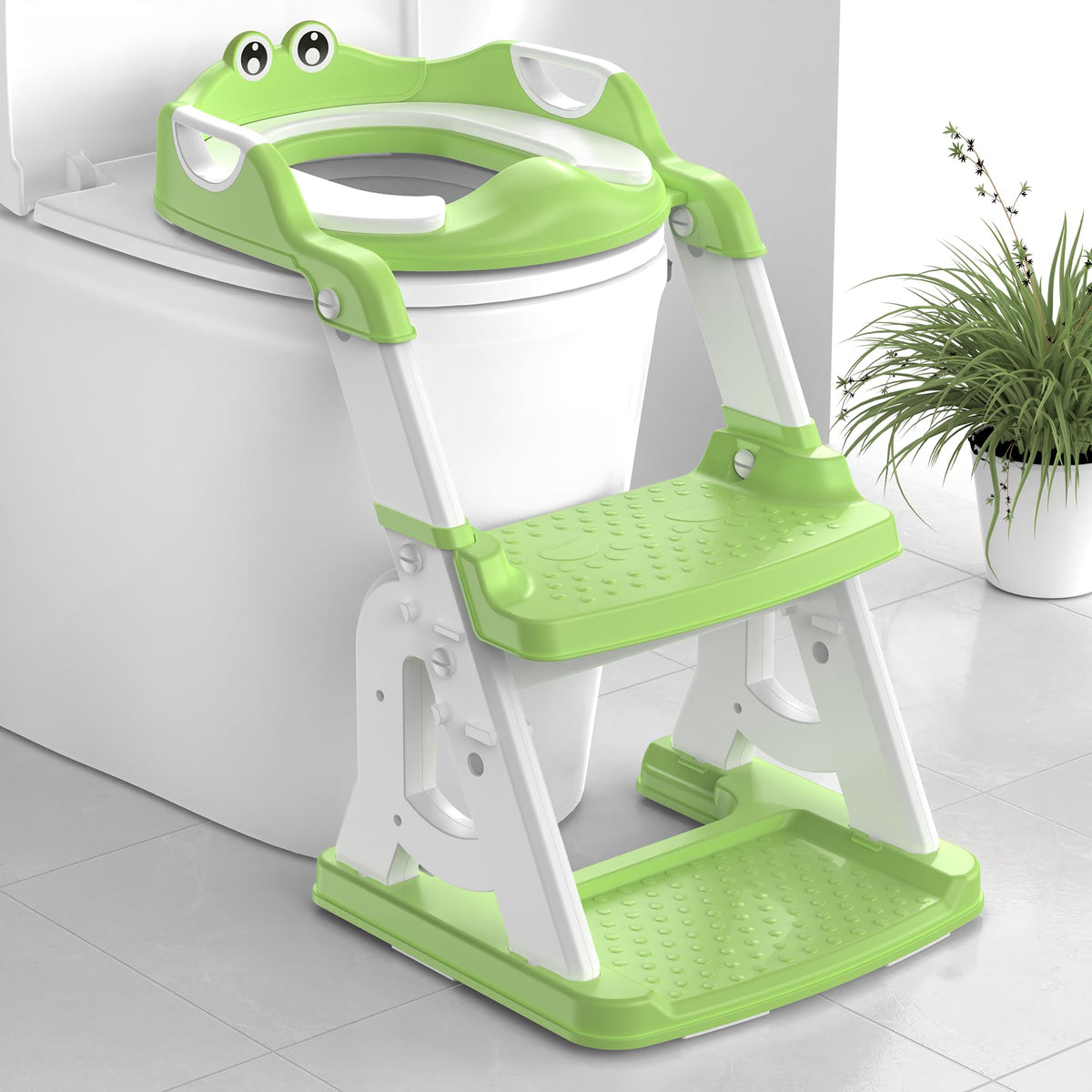 MeuLife potty training seat green full assembly demonstrates sturdy dual safety structure for wobble-free use.