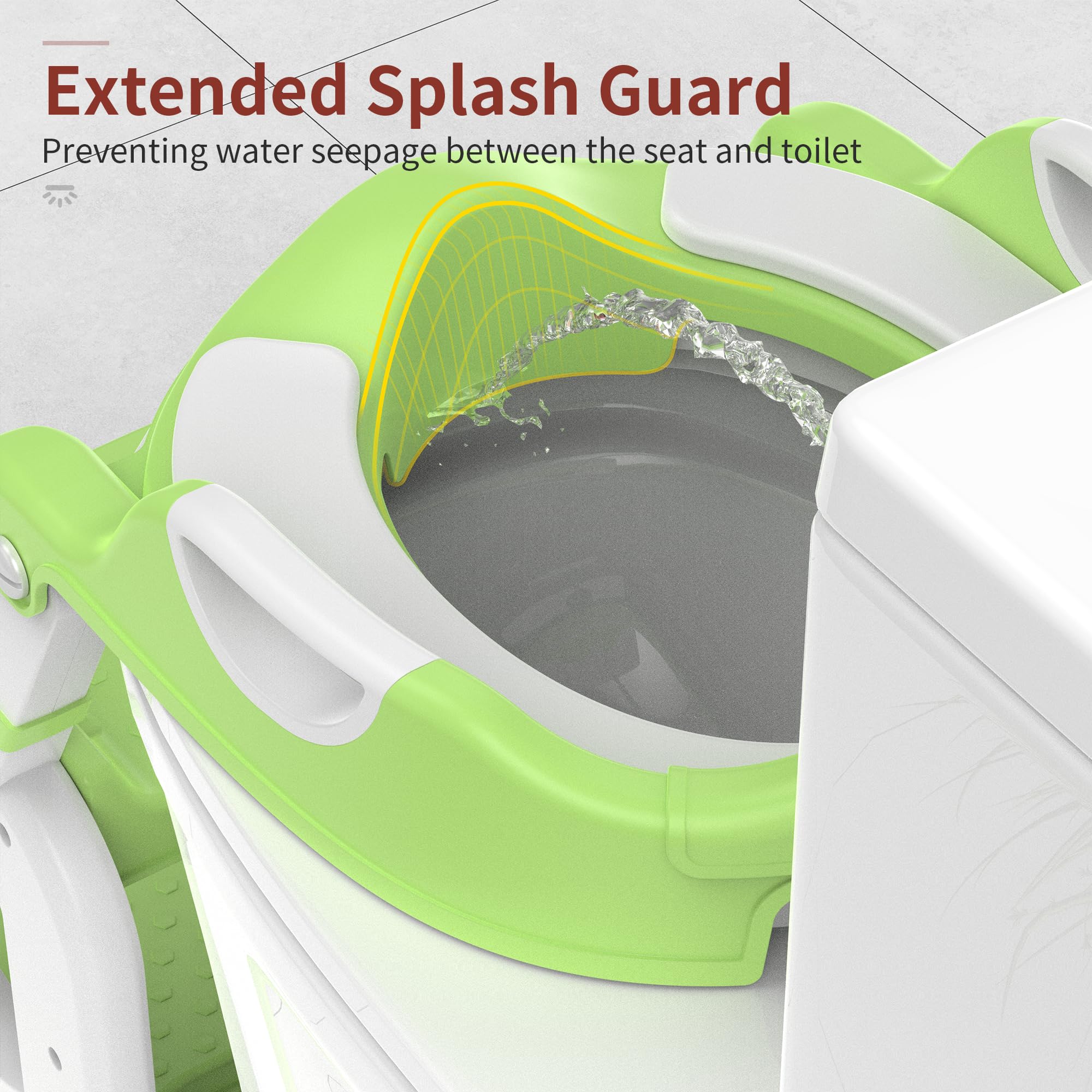 MeuLife potty training seat green splash-guard reduces splash risk during potty use.