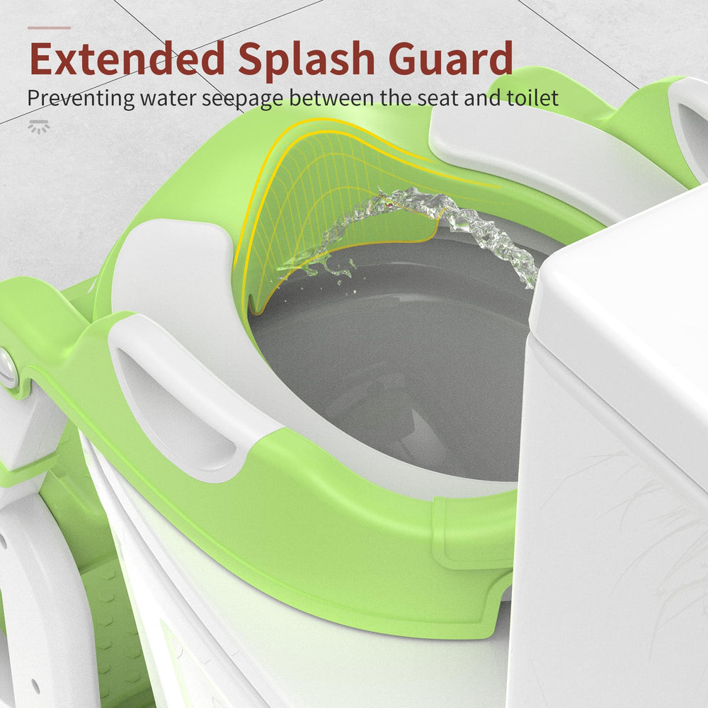 MeuLife potty training seat green splash-guard reduces splash risk during potty use.