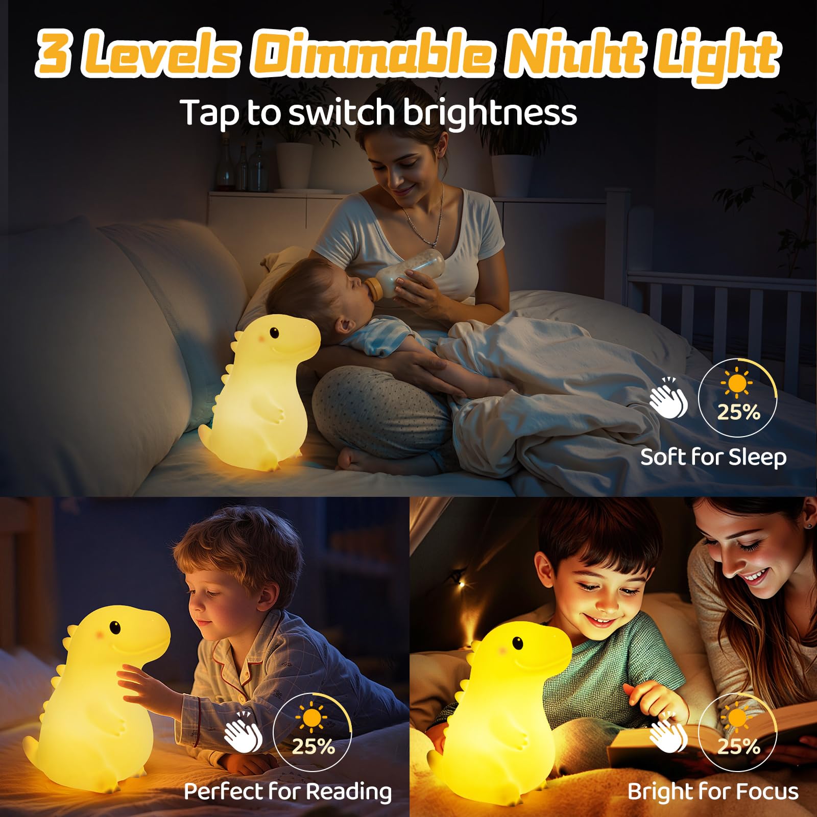 Mewaii big dinosaur night light front view shows inviting silhouette for bedtime