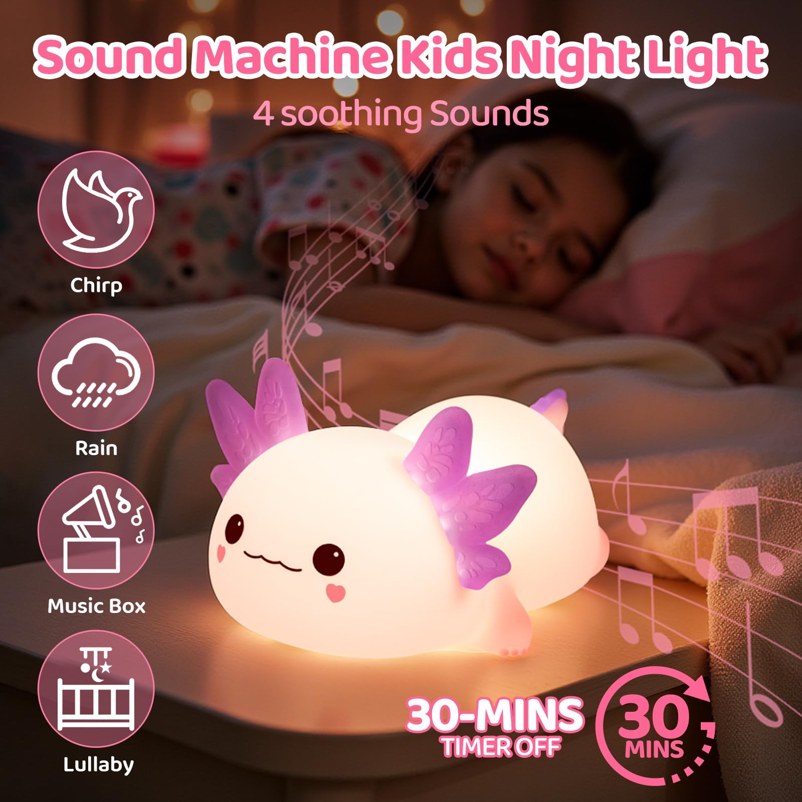 Mewaii Huggwaii axolotl night light on a desk provides gentle workspace lighting