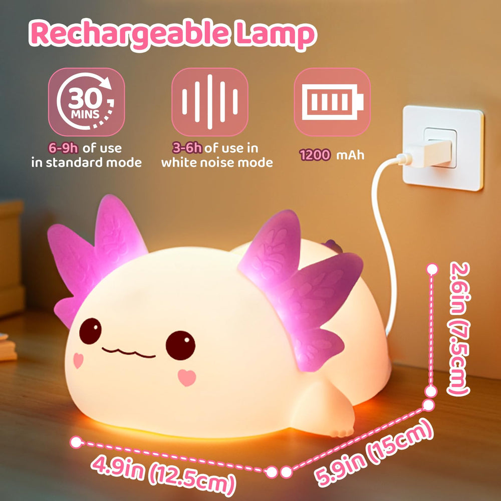 Mewaii Huggwaii axolotl night light charging with USB-C for quick recharge