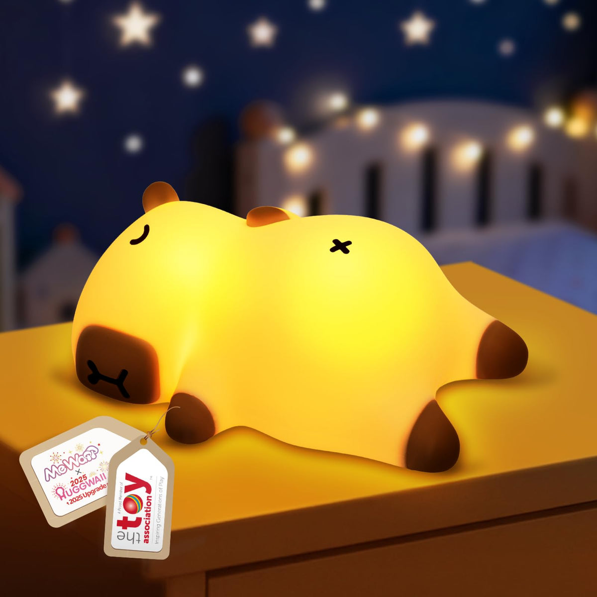 Mewaii snoring-capybara night light belly breath soothes bedtime routines.