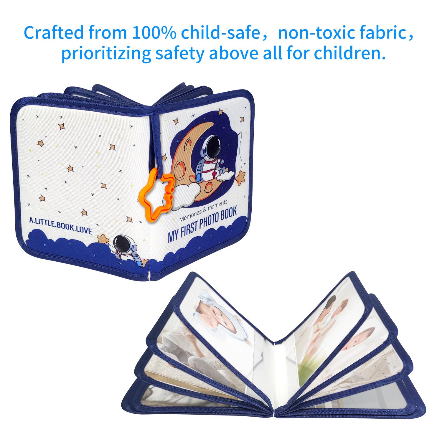 Mewise Baby's First Photo Book fabric cover features soft texture for nursery decor