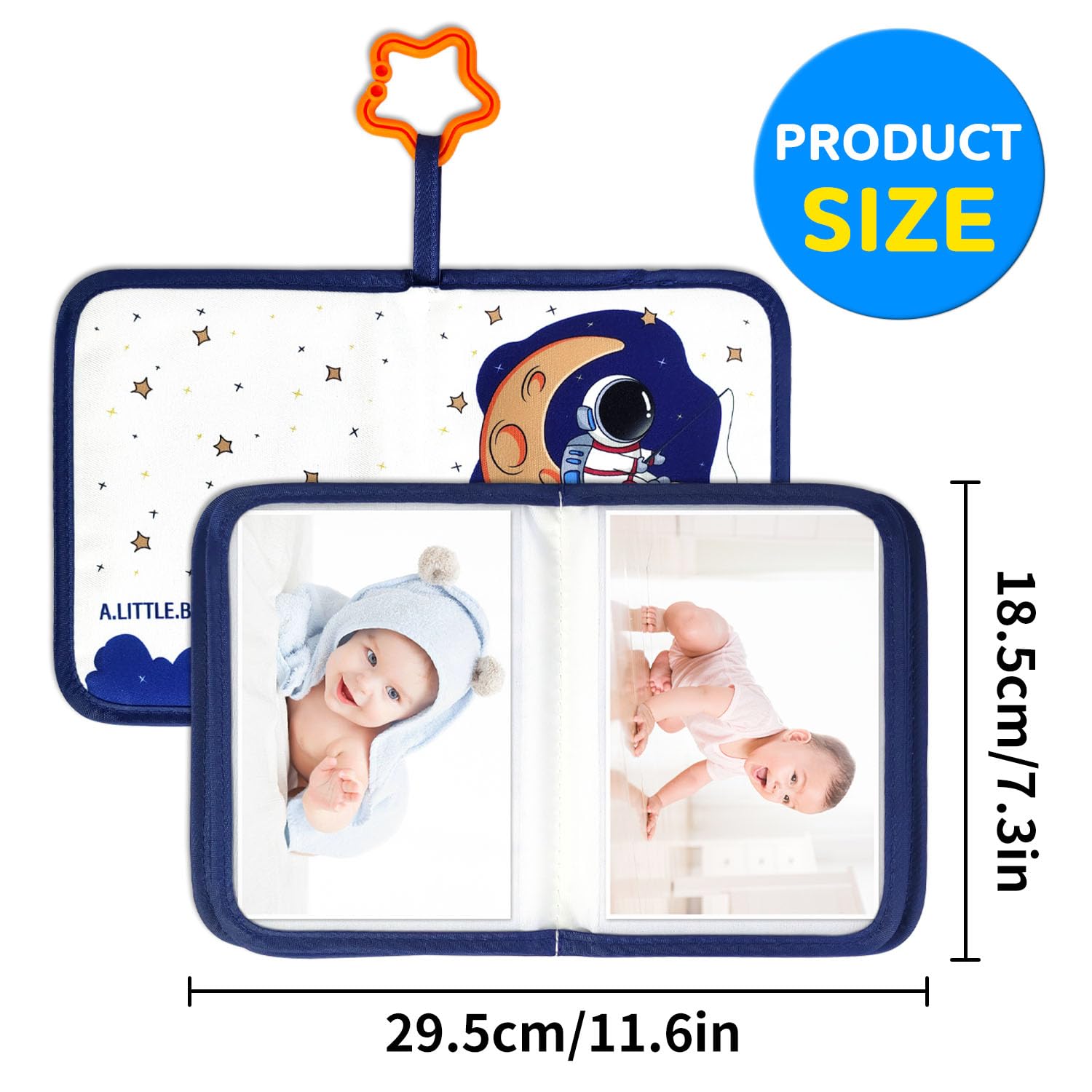 Mewise Baby's First Photo Book inside pages show 17 photo slots for milestones