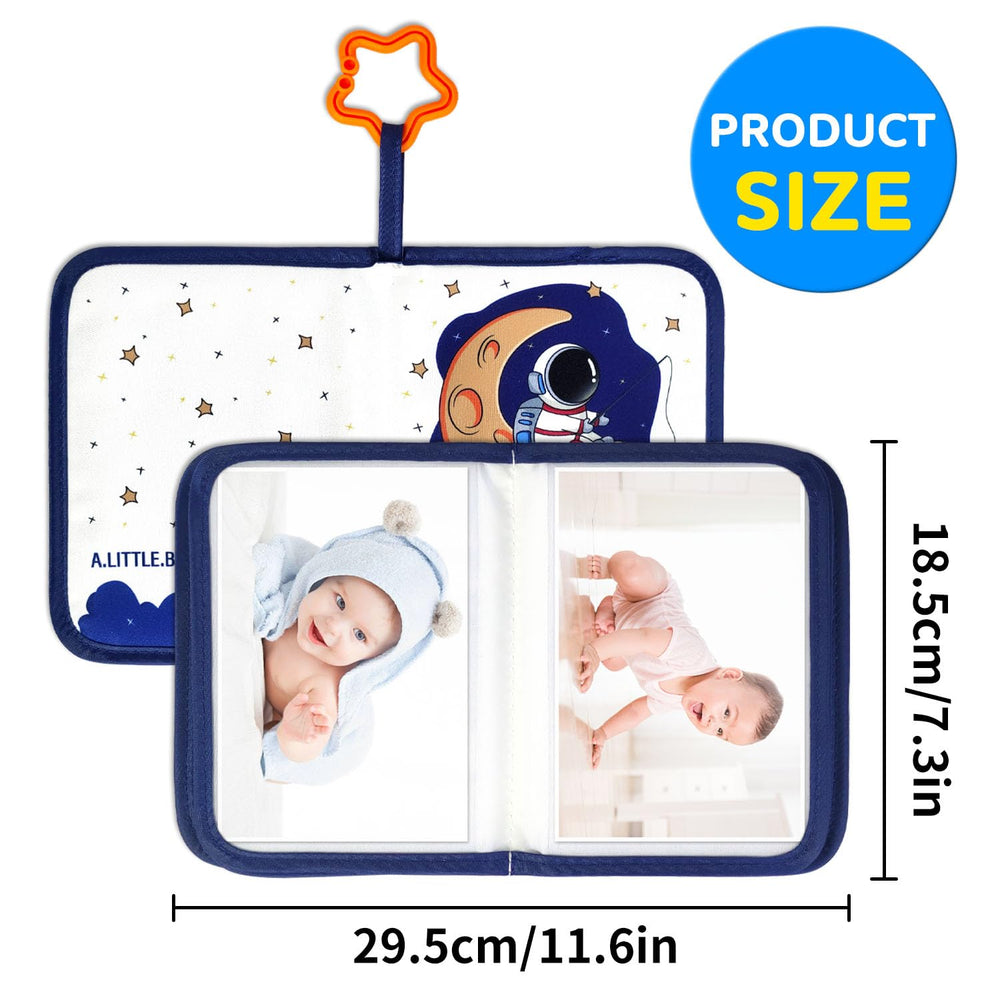 Mewise Baby's First Photo Book inside pages show 17 photo slots for milestones