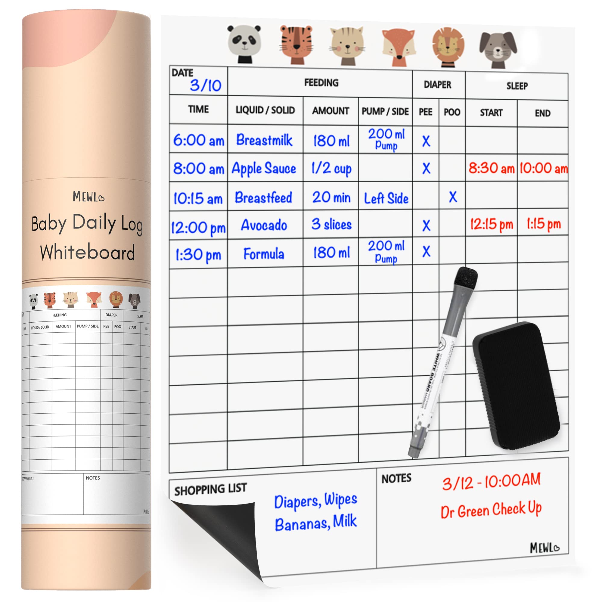 Mewl Baby Daily Log Whiteboard front view for at-a-glance daily tracker