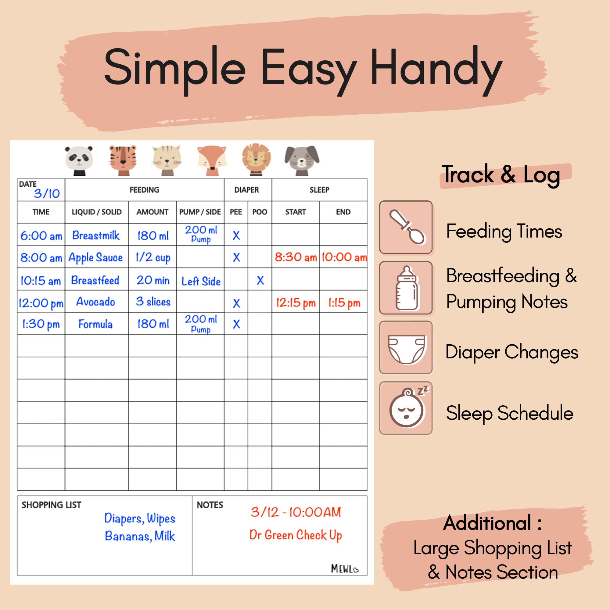 Mewl Baby Daily Log Whiteboard in-use demonstrates shared caregiver coordination