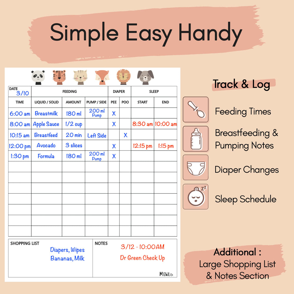 Mewl Baby Daily Log Whiteboard in-use demonstrates shared caregiver coordination