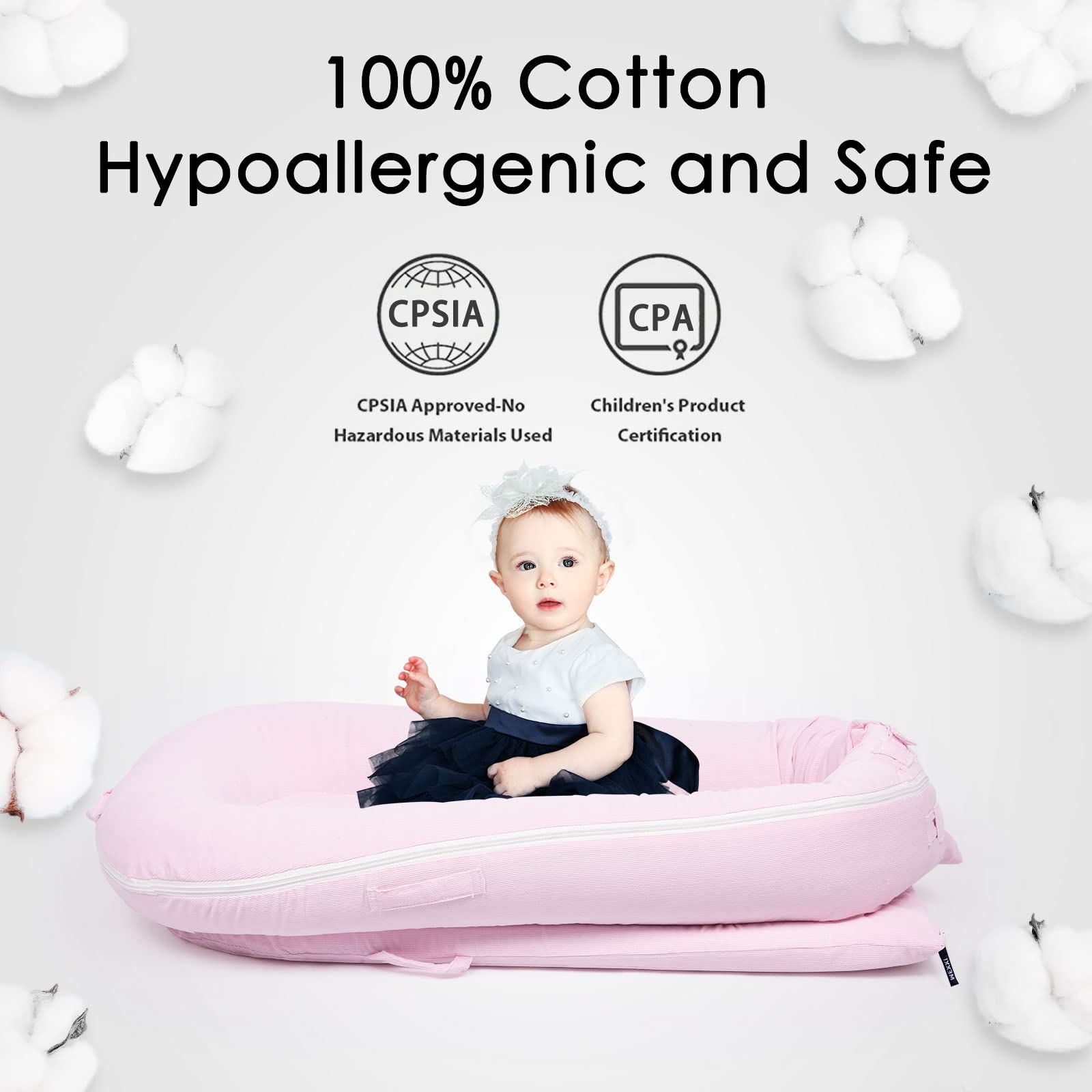 MEXXI Corduroy Baby Nest Cover pink close view breathable hypoallergenic fabric keeps baby comfy.