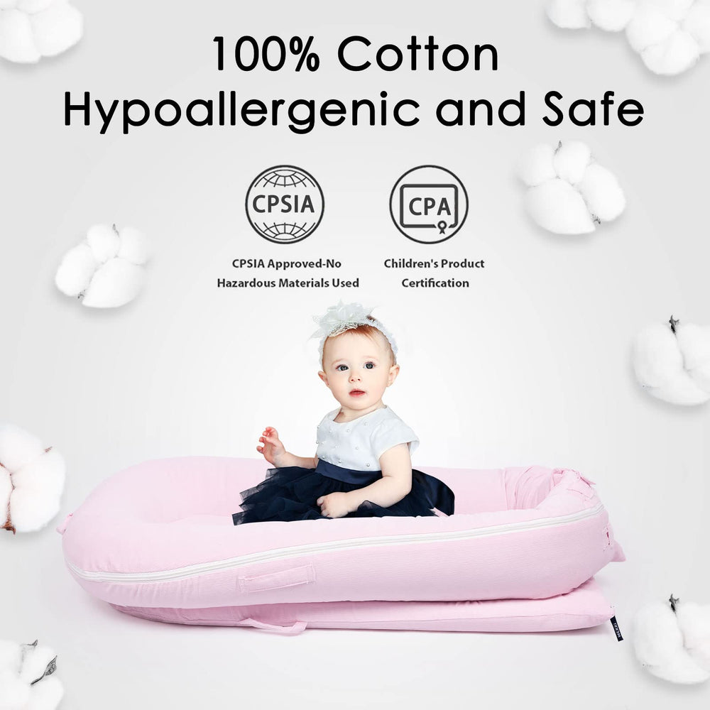MEXXI Corduroy Baby Nest Cover pink close view breathable hypoallergenic fabric keeps baby comfy.