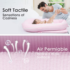 MEXXI Corduroy Baby Nest Cover pink on-dock setup shows slip-on fit for Deluxe+ docks.