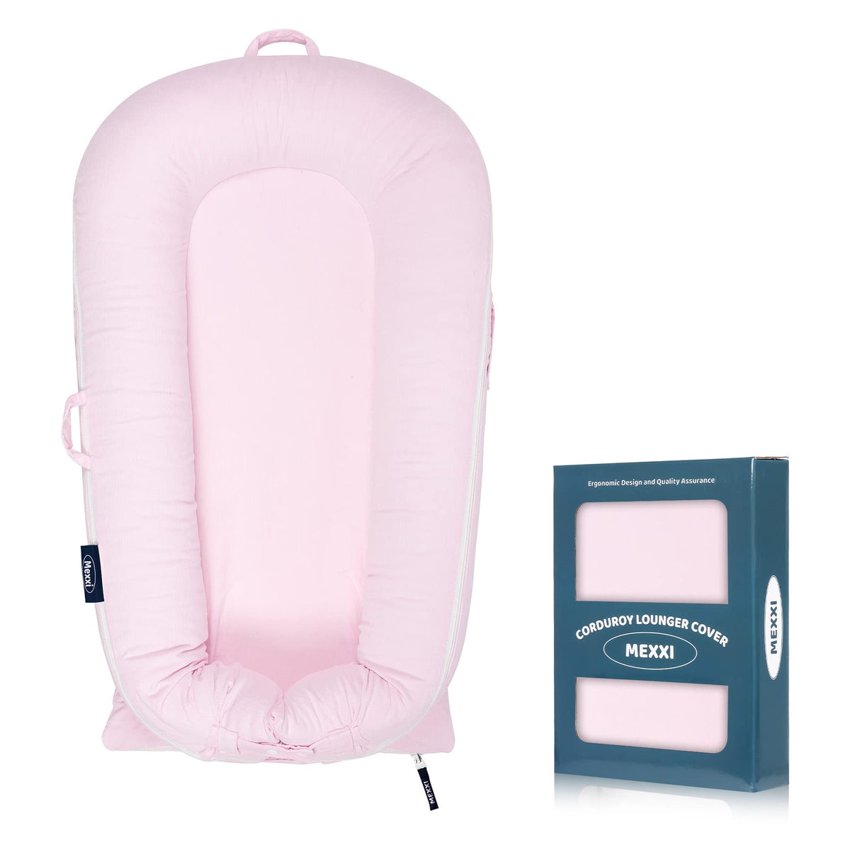 MEXXI Corduroy Baby Nest Cover pink close-up showing durable zipper for convenient changes.