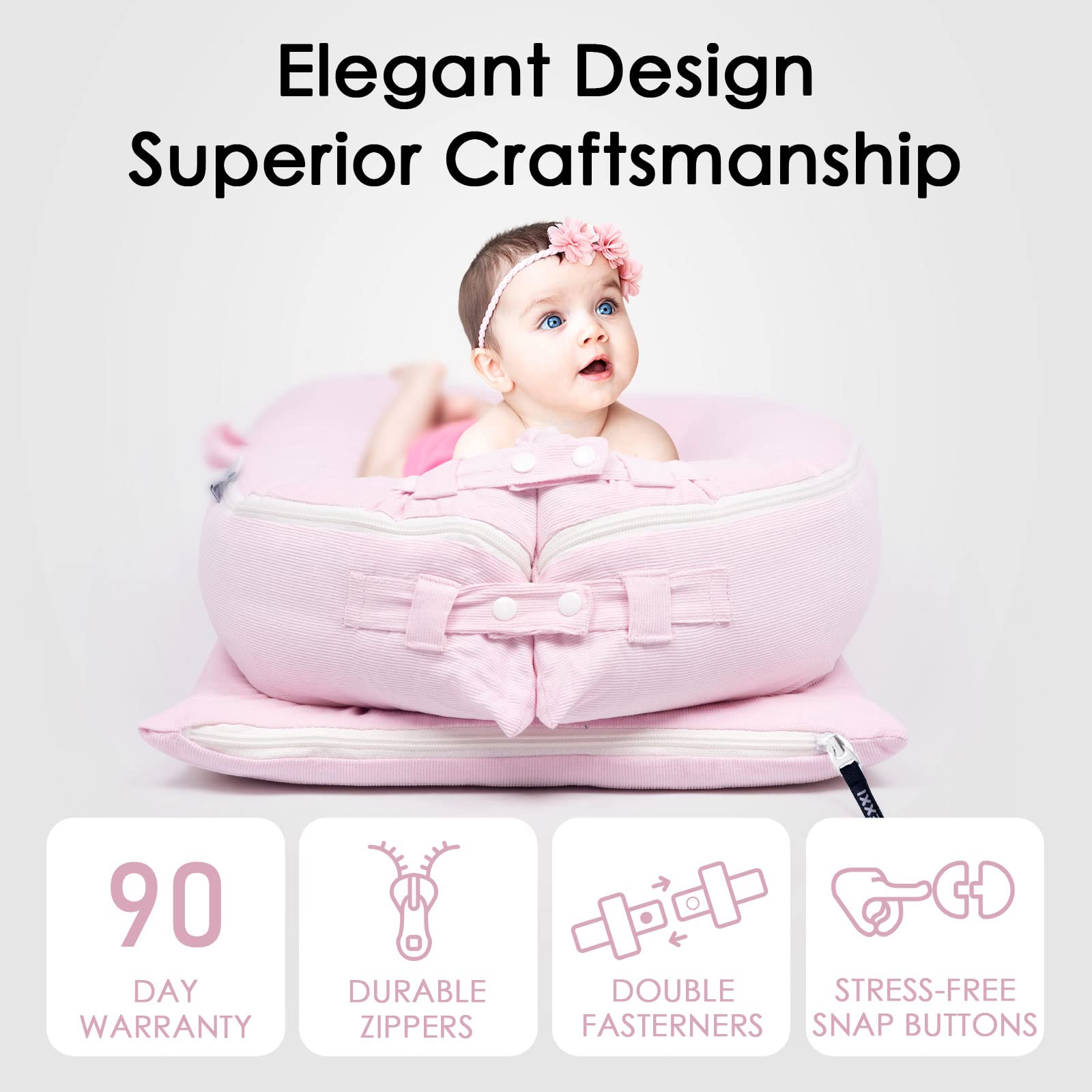 MEXXI Corduroy Baby Nest Cover pink machine-washable fabric for easy home care.