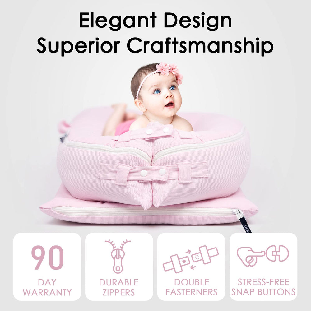 MEXXI Corduroy Baby Nest Cover pink machine-washable fabric for easy home care.