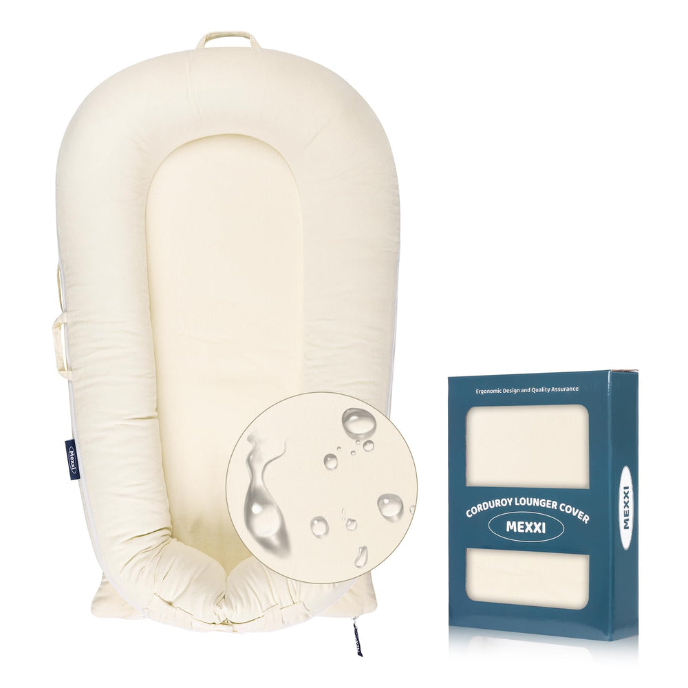 MEXXI corduroy lounger cover fits DockATot Deluxe+ securely, keeping your baby's space neat.