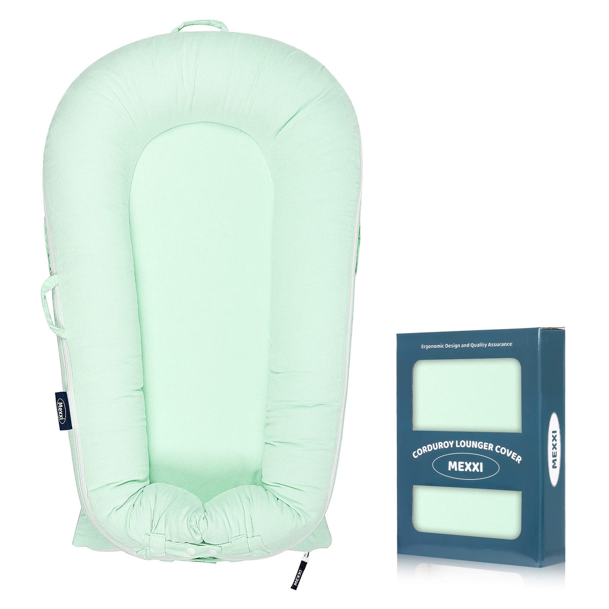 MEXXI corduroy lounger cover in pistachio green fitted on DockATot Deluxe+ for naps
