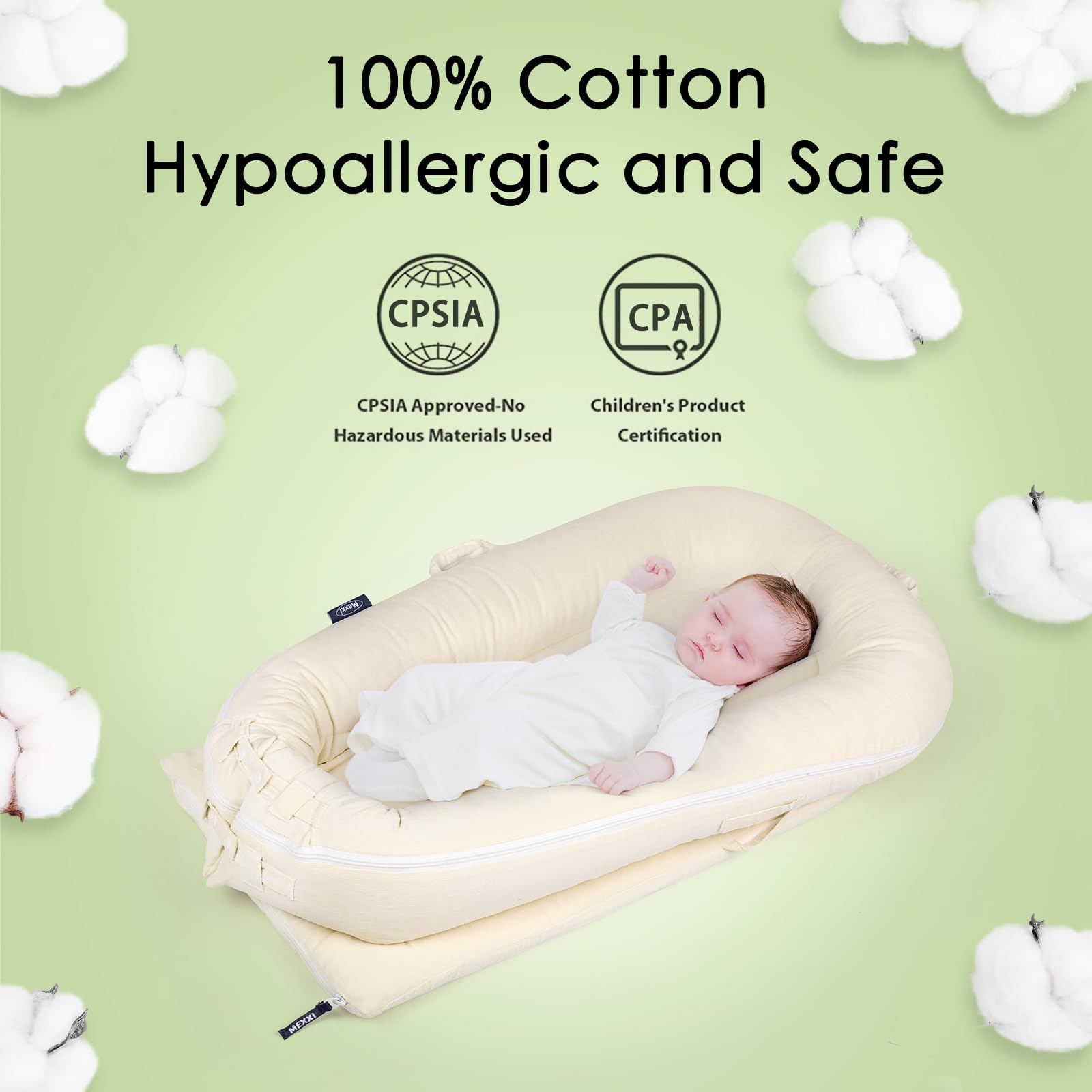 MEXXI hypoallergenic cotton fabric ensures baby’s sensitive skin stays comfortable.