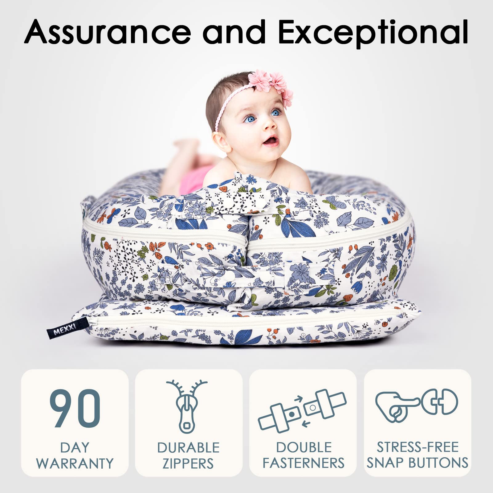 MEXXI infant lounger cover easy-on-off design reduces changing stress.