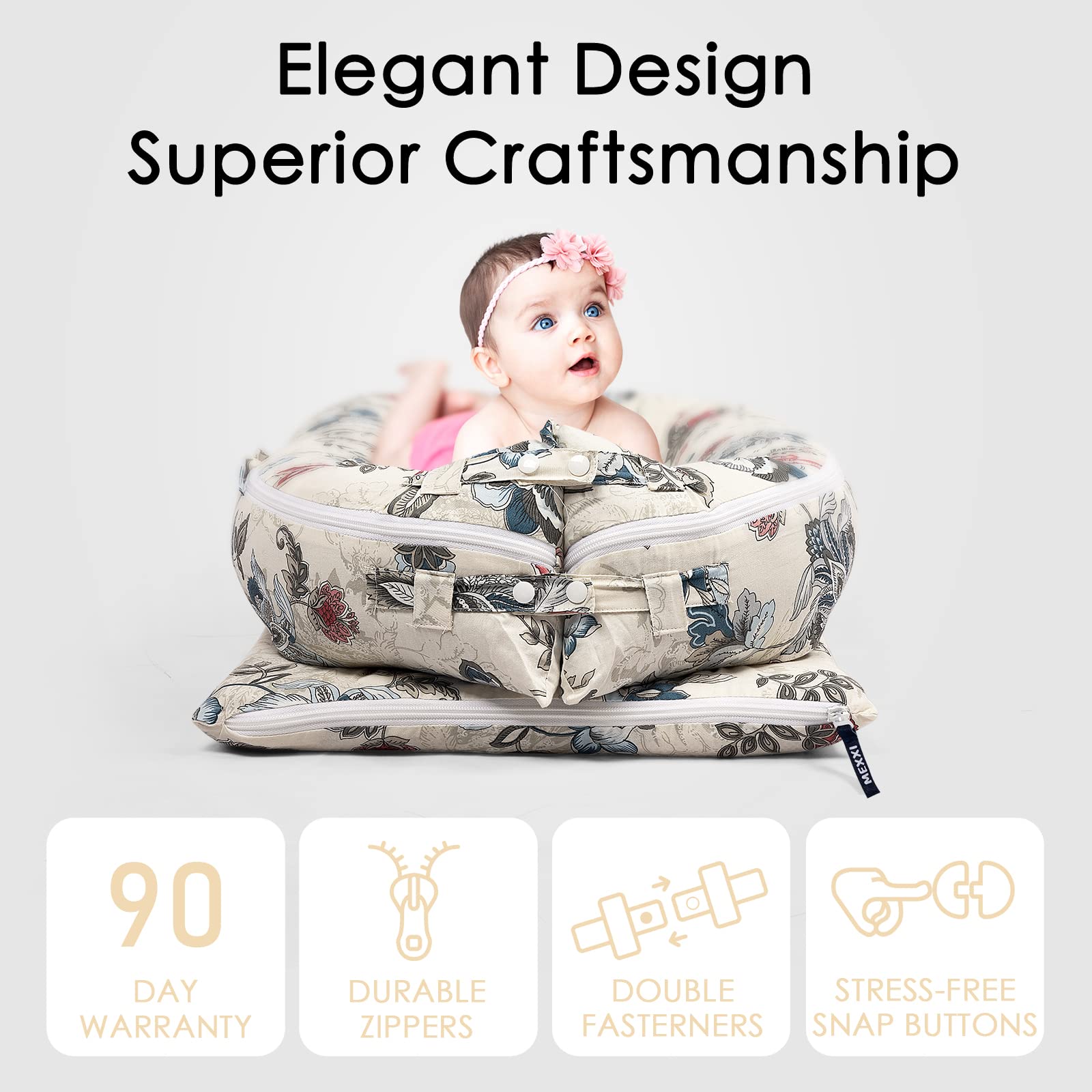 MEXXI infant lounger cover geranium easy-to-change design reduces swap effort