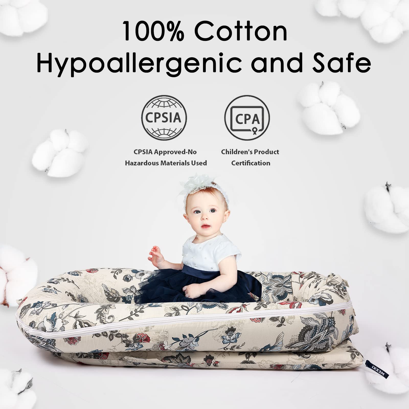 MEXXI infant lounger cover geranium hypoallergenic fabric gentle on sensitive skin