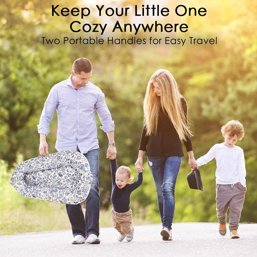 MEXXI infant lounger cover handles on top and sides aid carrying.