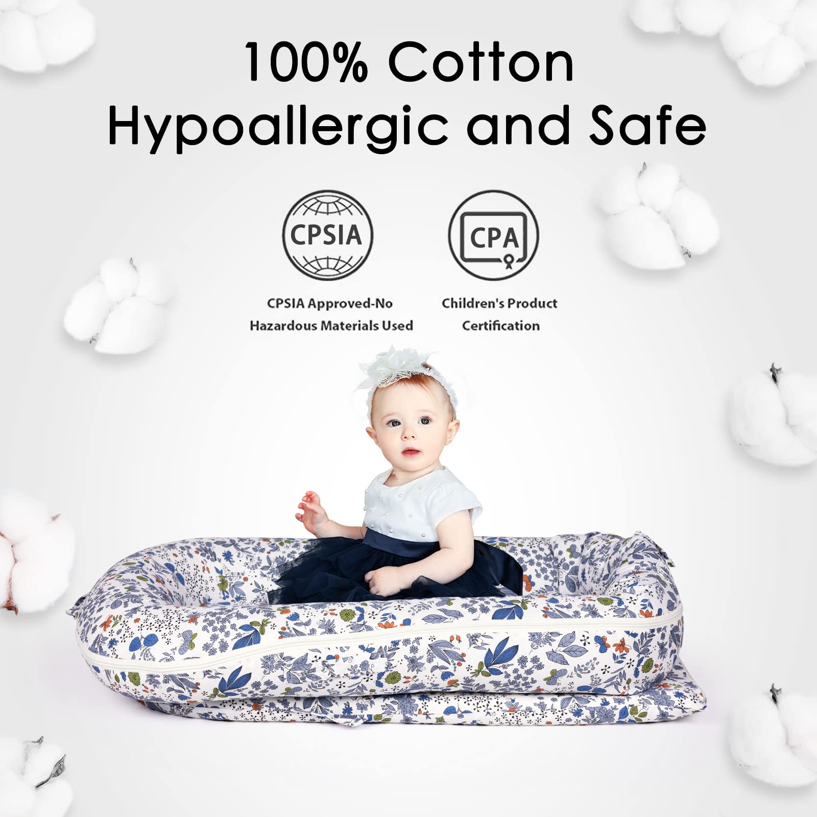 MEXXI infant lounger cover hypoallergenic fabric highlights skin-friendly material.
