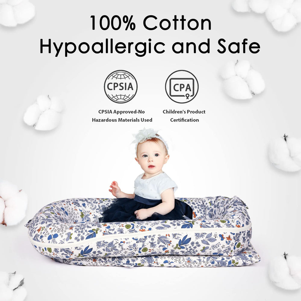 MEXXI infant lounger cover hypoallergenic fabric highlights skin-friendly material.