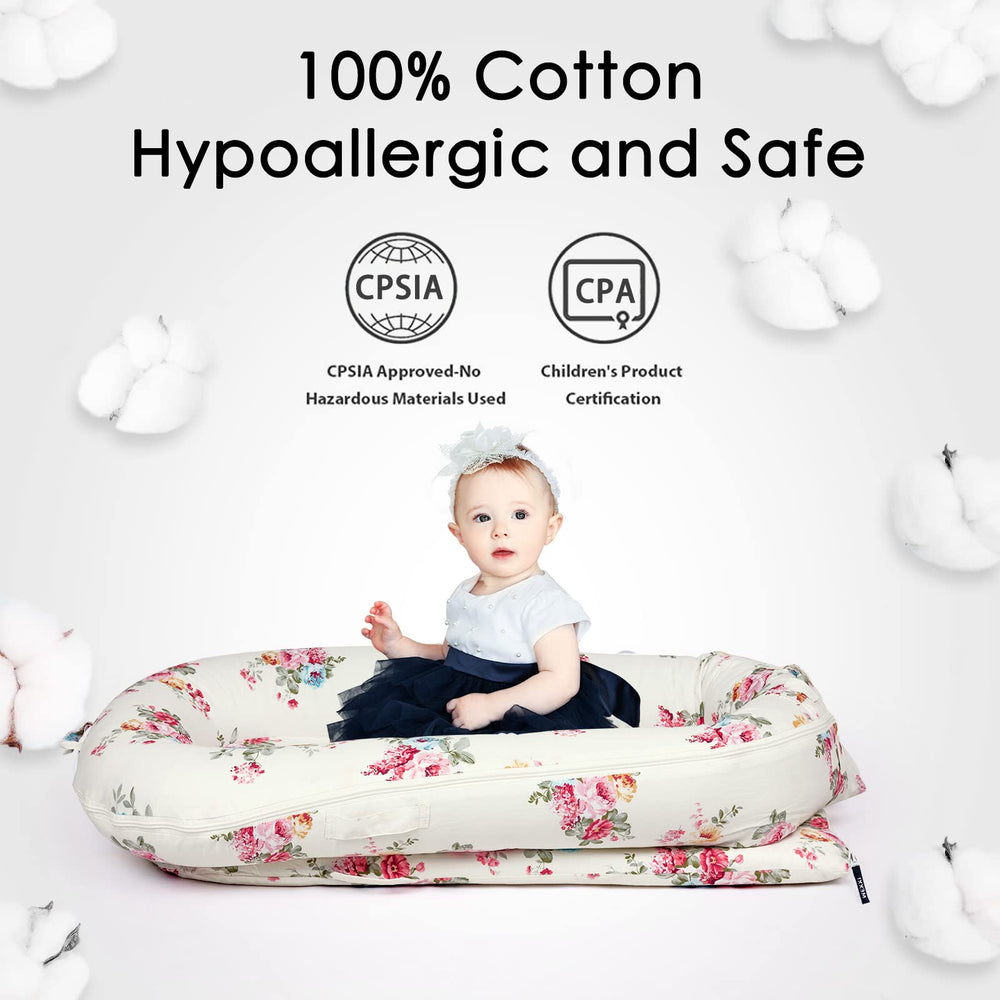 MEXXI infant lounger cover roses side view, snug and secure fit.