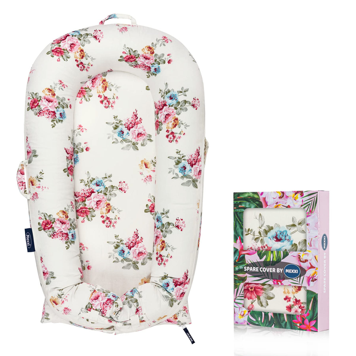 MEXXI infant lounger replacement cover roses, breathable cotton for easy care.