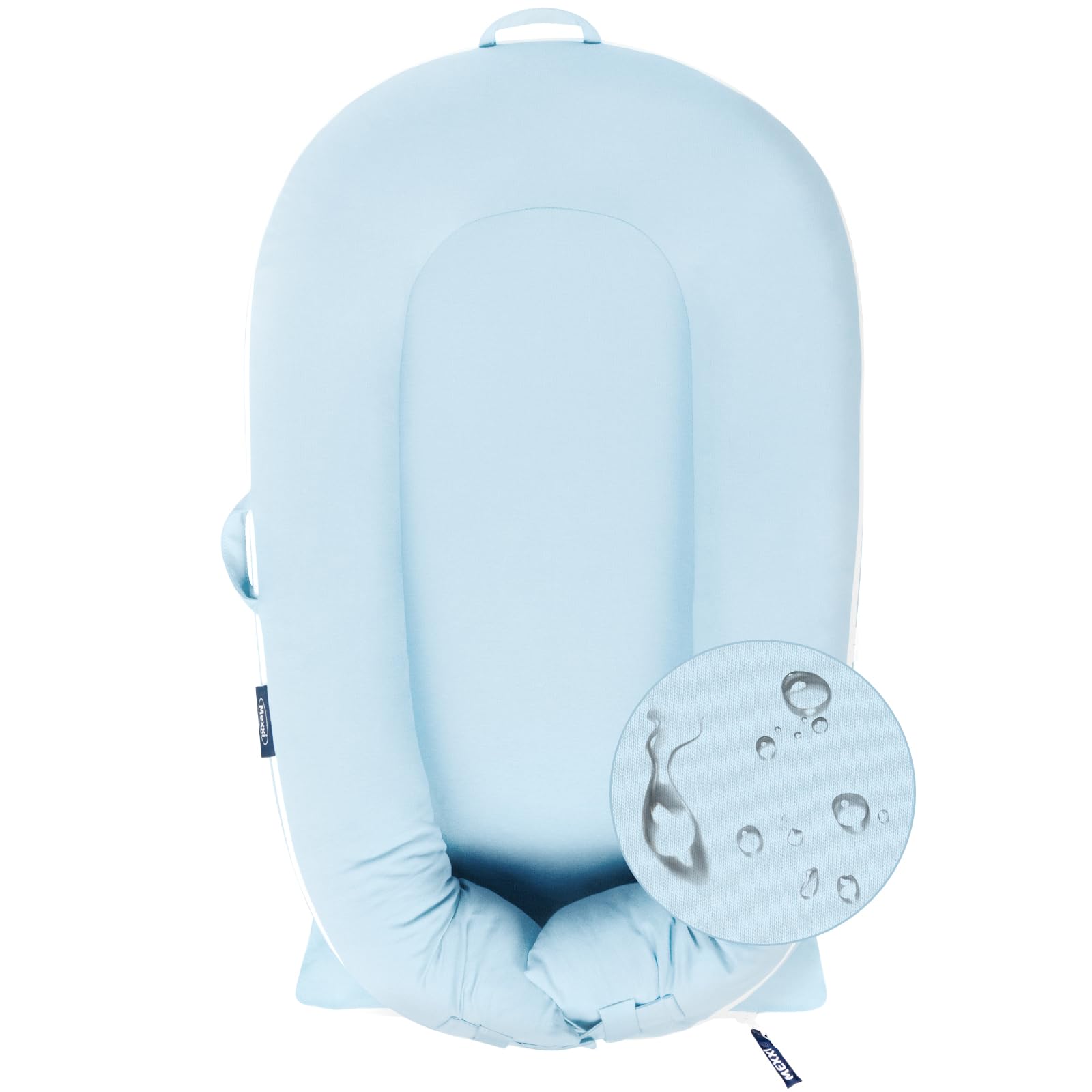 MEXXI organic replacement cover in baby blue shows breathable cotton fabric for comfort.