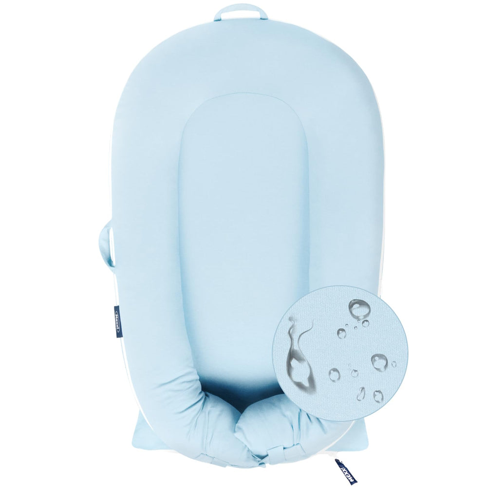 MEXXI organic replacement cover in baby blue shows breathable cotton fabric for comfort.