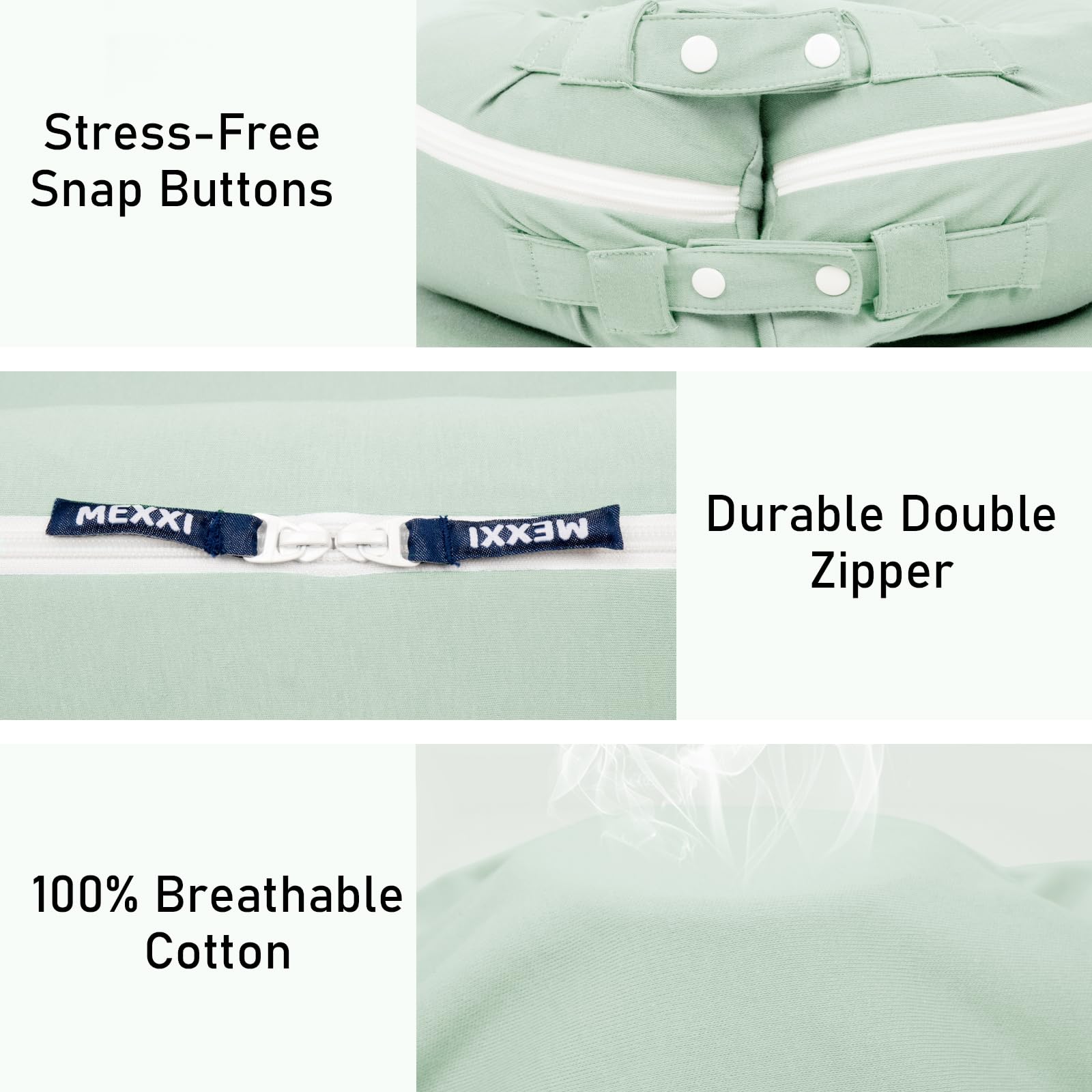 MEXXI Pistacho Green cover zipper detail demonstrating durable closure