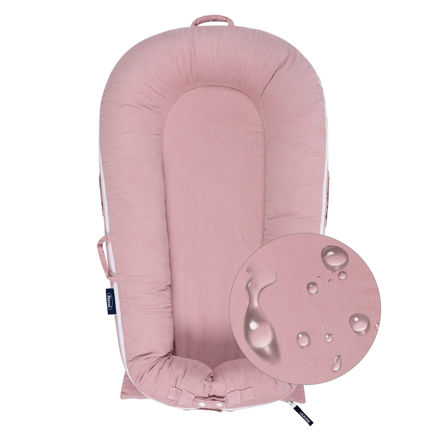 MEXXI waterproof liner corduroy lounger cover on DockATot Deluxe+ offering spill protection