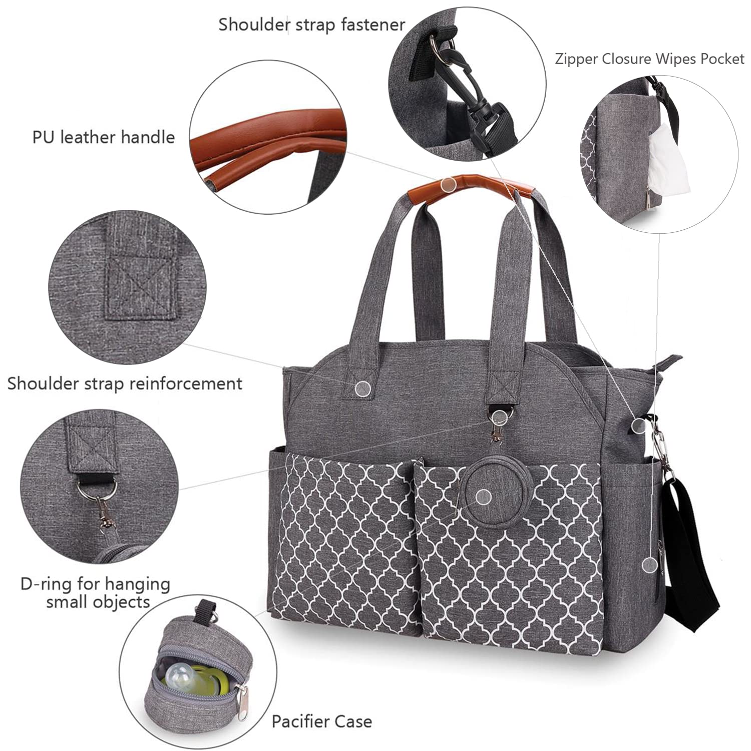 MEYTEILAY diaper bag tote gray stroller-attachment enables hands-free movement.