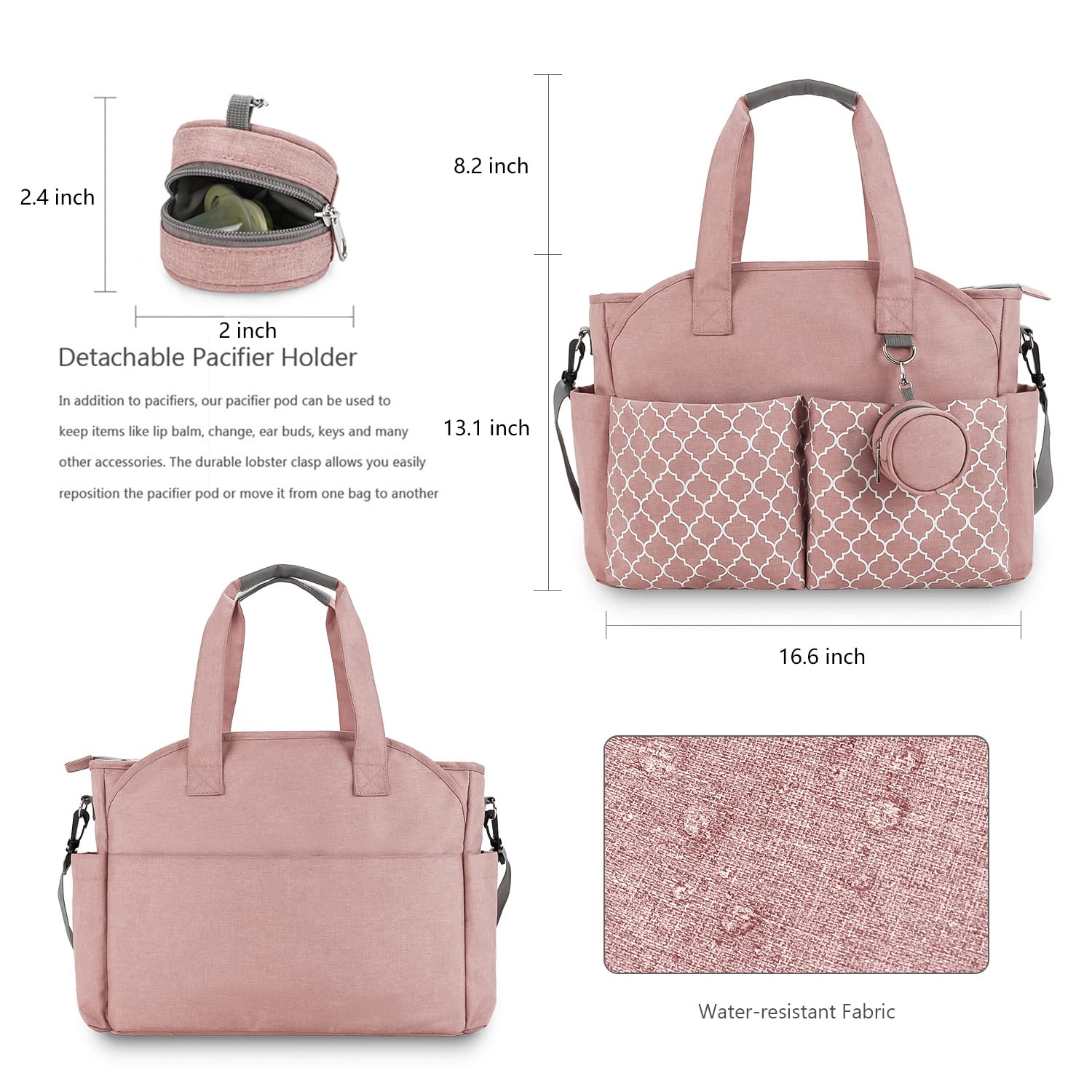 MEYTEILAY diaper bag tote pink with stroller hook demonstrates hands-free transport