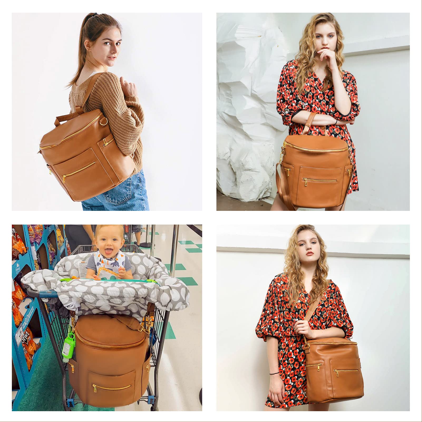 MF Store leather diaper bag interior showing 15 pockets for organization