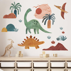 Mfault Boho Dinosaur Wall Decal bedroom view adds cozy, playful art to a kid's room