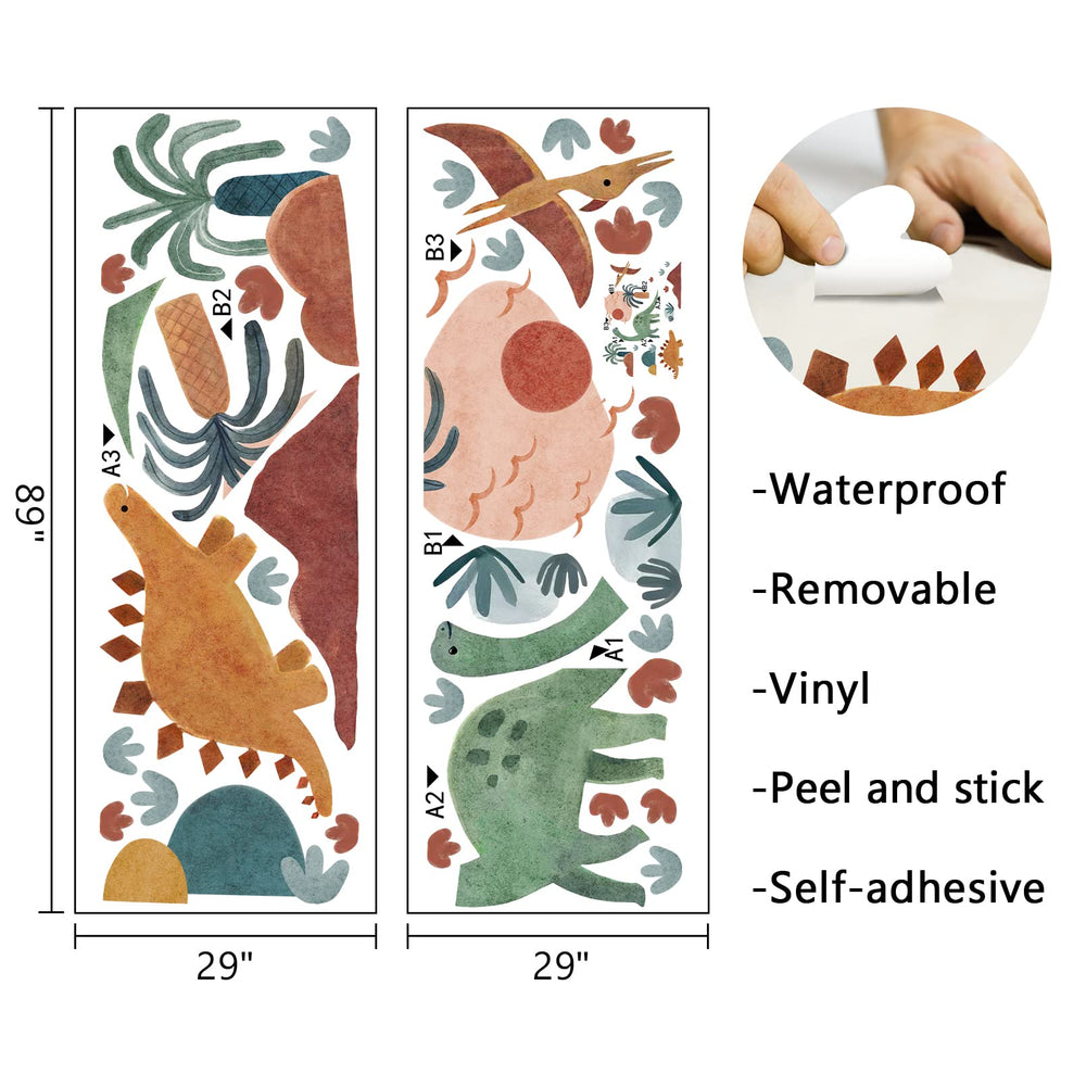 Mfault Boho Dinosaur Wall Decal packaging highlights easy removal and reuse