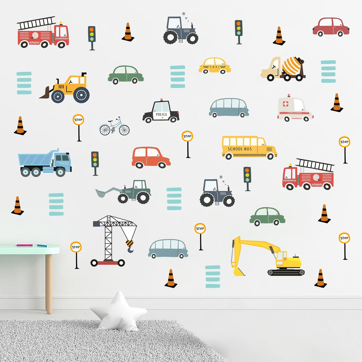 Mfault cartoon vehicle wall decals fire engine—bright nursery decor sparks imaginative play