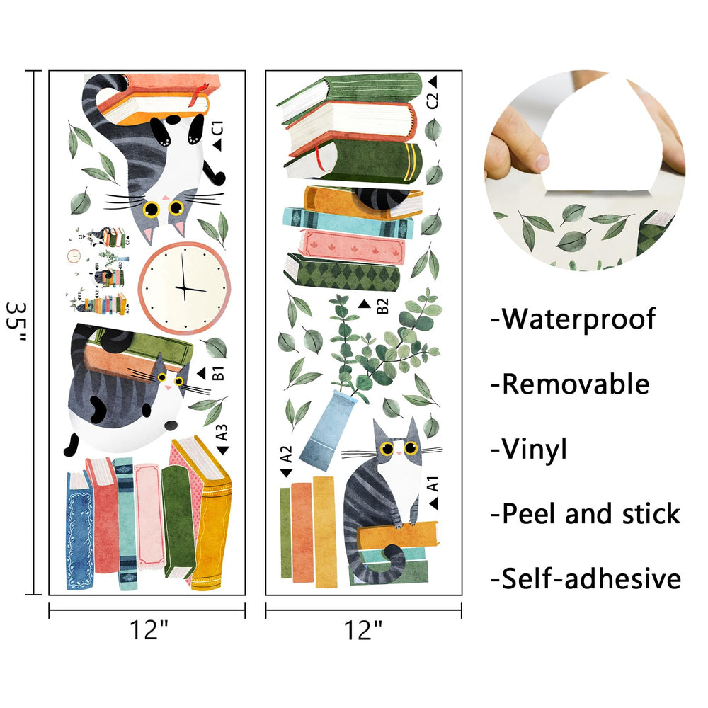 Mfault cat on books wall decal kit, cozy reading corner inspiration.