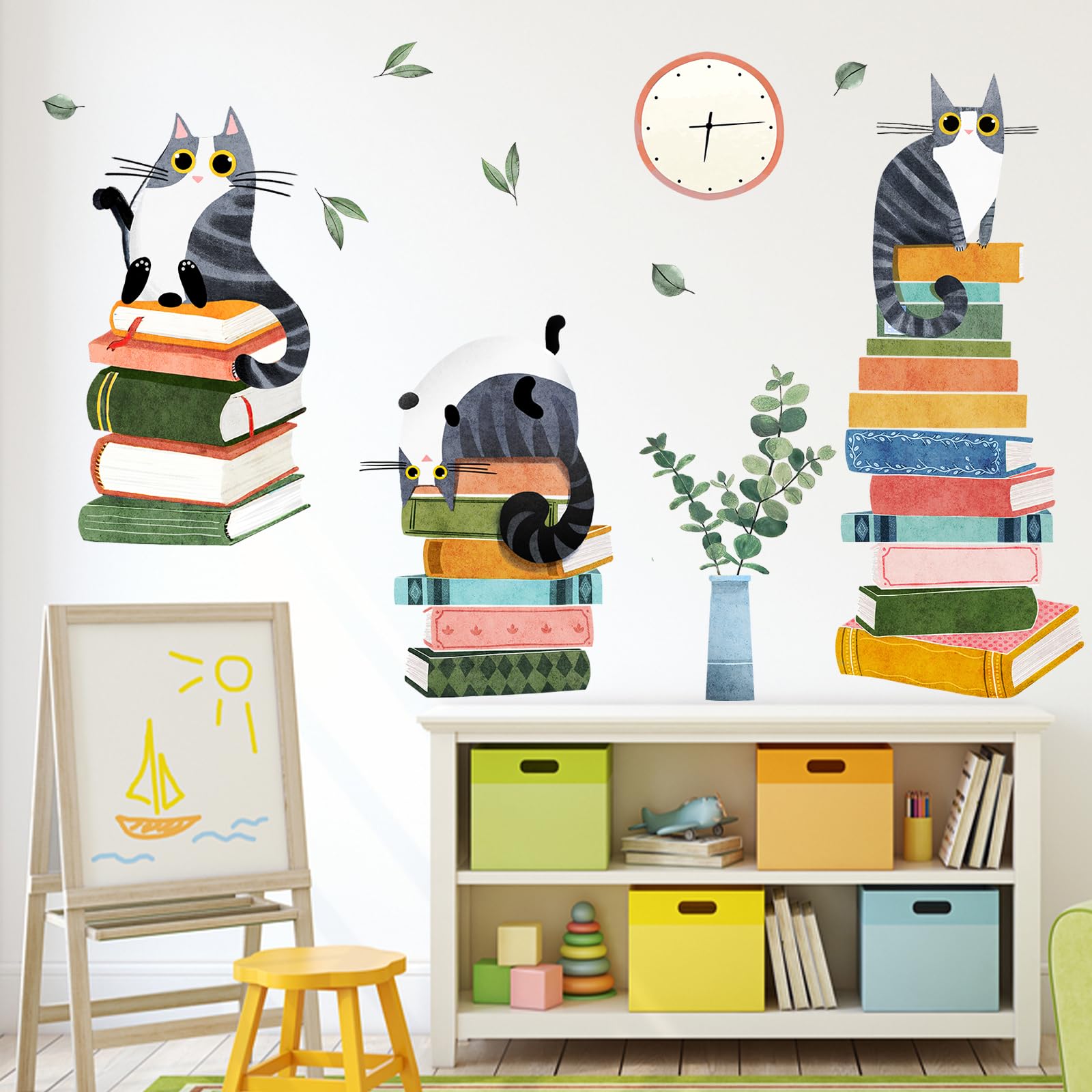 Mfault cats reading books wall decal kit, playful learning cats for nursery decor.