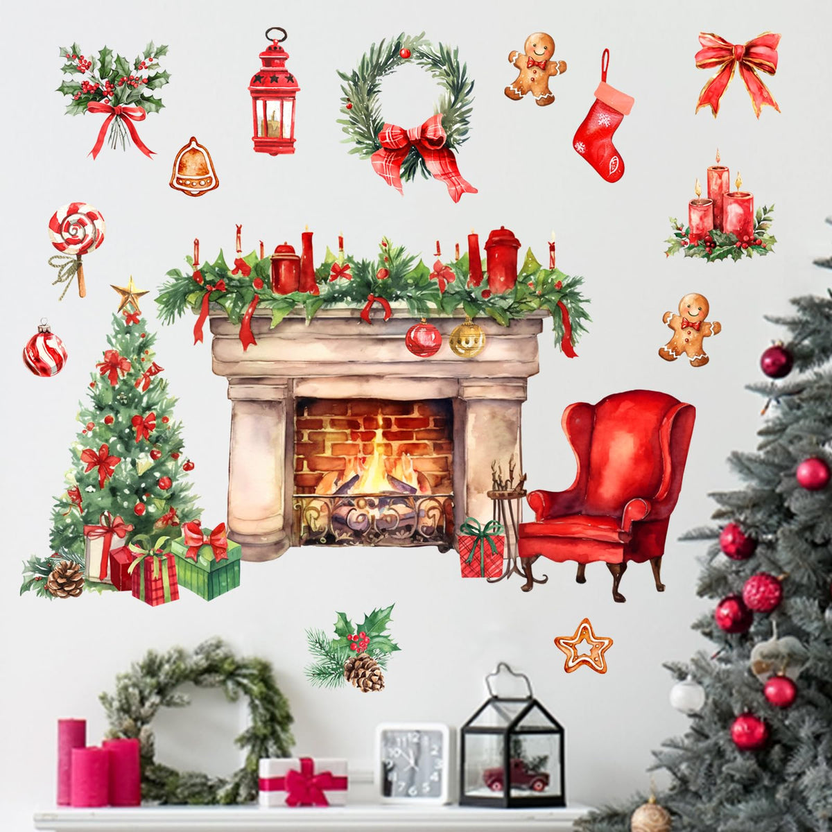 Mfault Christmas fireplace wall decal for easy DIY holiday decor in living rooms.