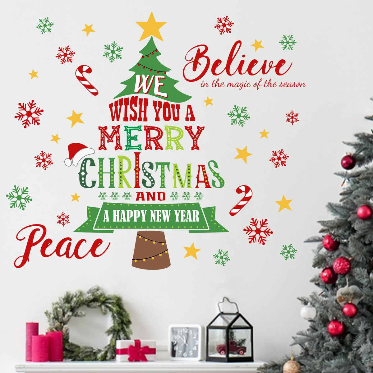 Mfault Christmas Tree Wall Decals Pack shows festive snowflakes and stars for cozy bedrooms.