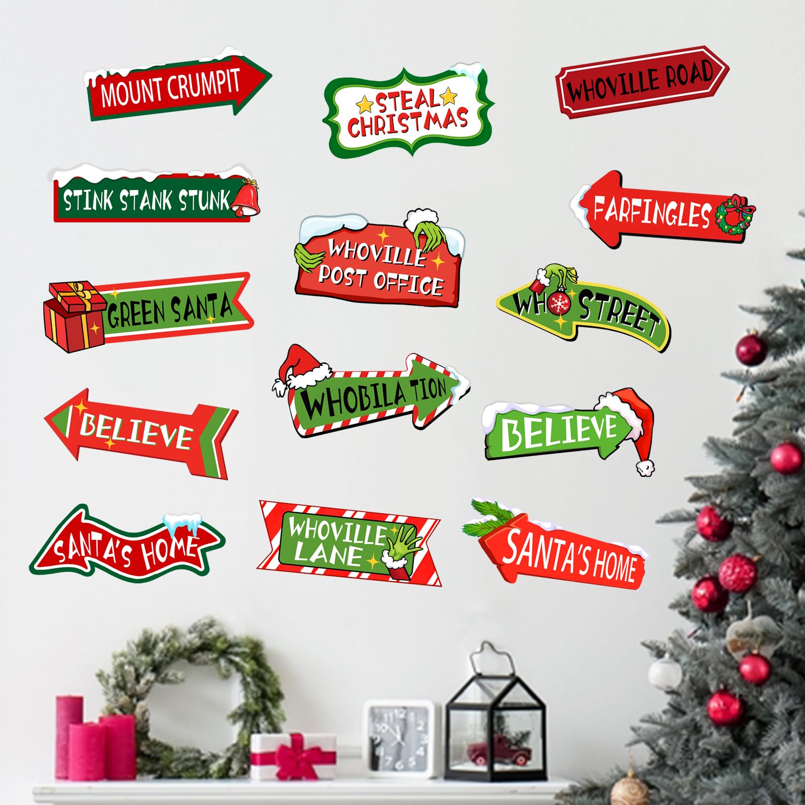 Mfault Christmas Whoville wall decals brighten the bedroom with a playful, easy-to-apply festive vibe